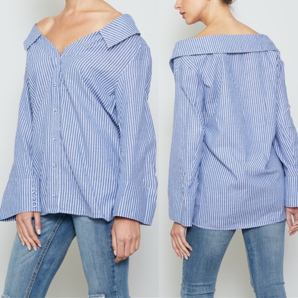 HAYLEY OFF THE SHOULDER BLUE BUTTON DOWN TOP - Picture 4 of 6